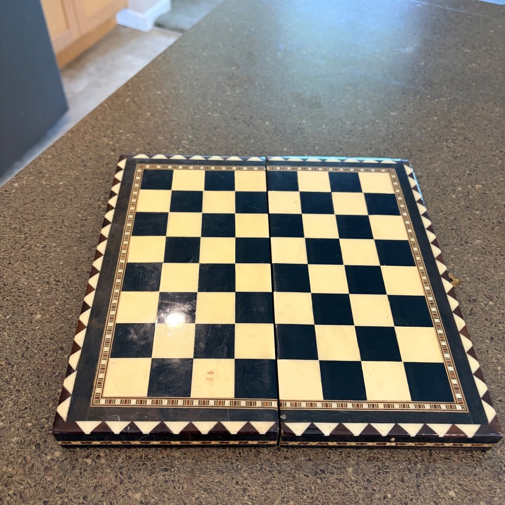Vintage Folding Wood Inlay Chess Board Case Black Cream Geometric Marquetry